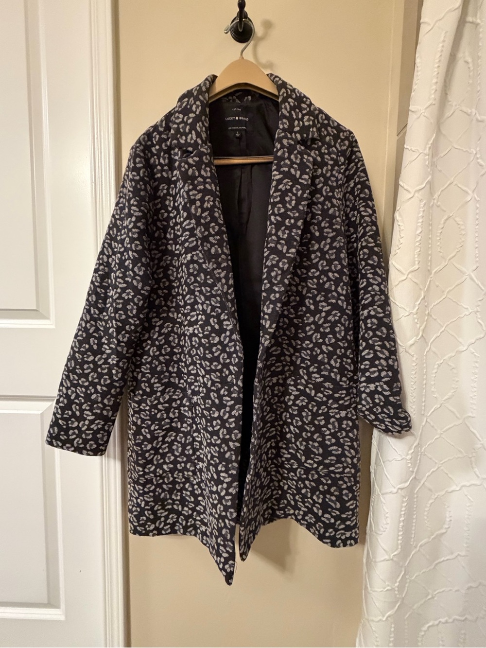 Lucky Brand Black Coat with Light Gray Leopard Print